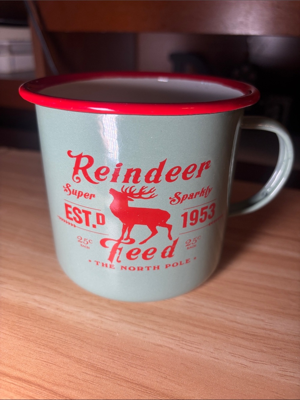Creative Co-Op Sage Green Enamel Mug with Red Trim and Reindeer Graphic
